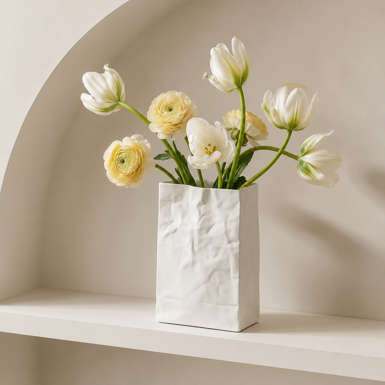 White textured ceramic vase filled with white tulips and pale yellow ranunculus on a white shelf against a beige arched wall.