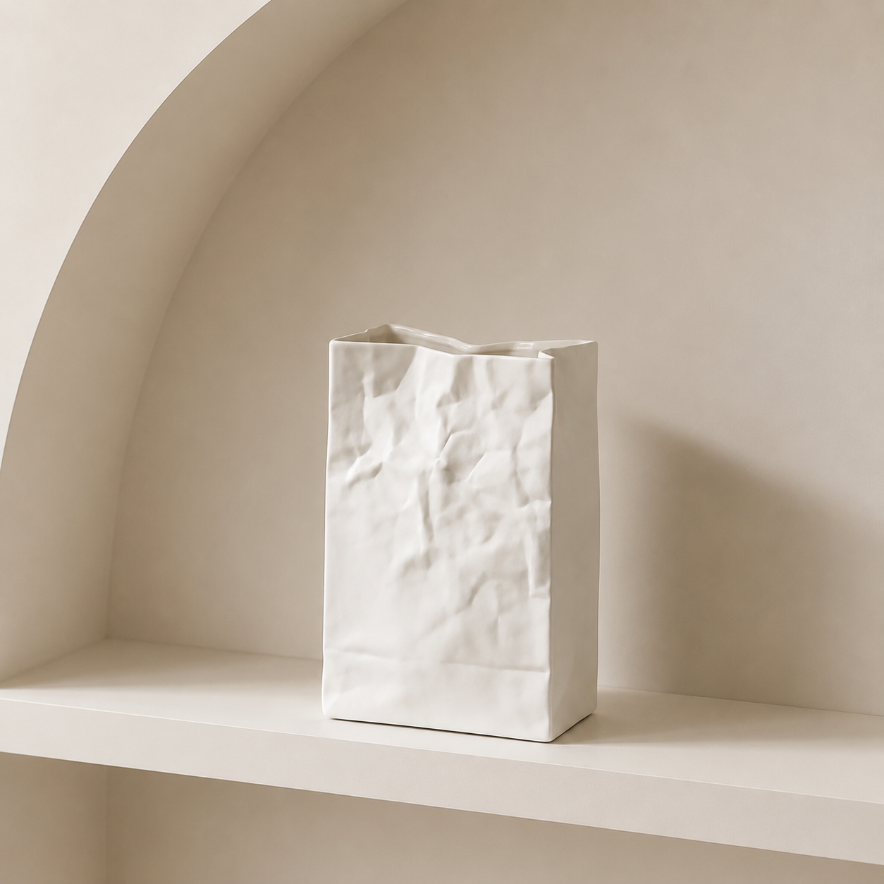 A white ceramic vase shaped like a crumpled paper bag, standing on a minimalist beige shelf against a matching arched background.