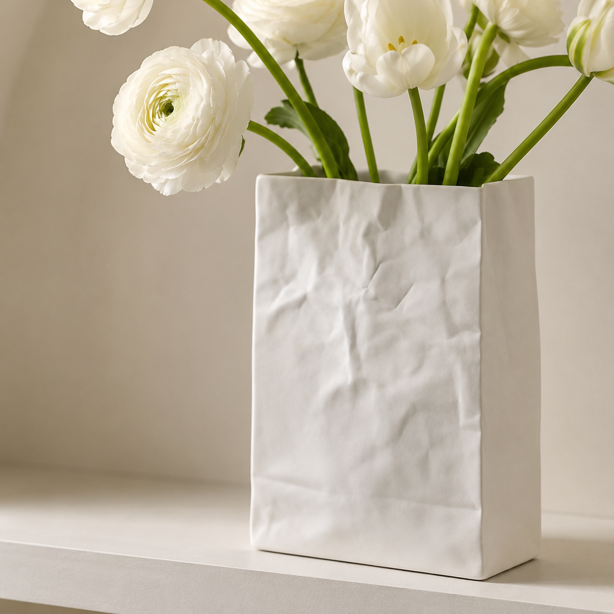 A white textured ceramic vase with a crumpled paper bag shape, filled with white ranunculus and tulip stems, sitting on a white shelf against a warm beige background.