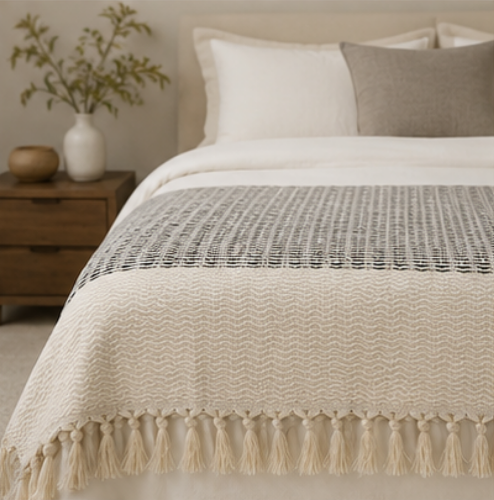 A cream-colored woven throw blanket with a black and white chevron pattern and tassels, draped over a bed in a bedroom setting.