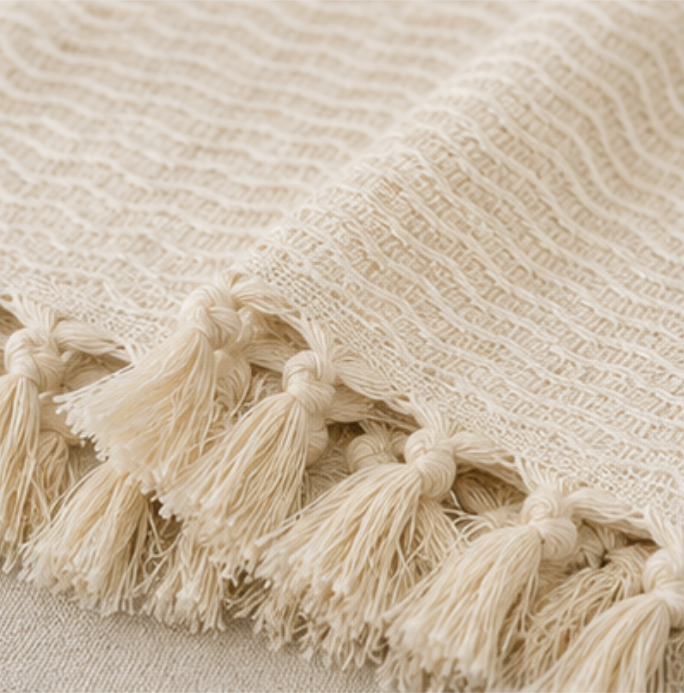 Close-up of a cream-colored woven textile with knotted fringe tassels, showing the textured fabric and soft tassel details.