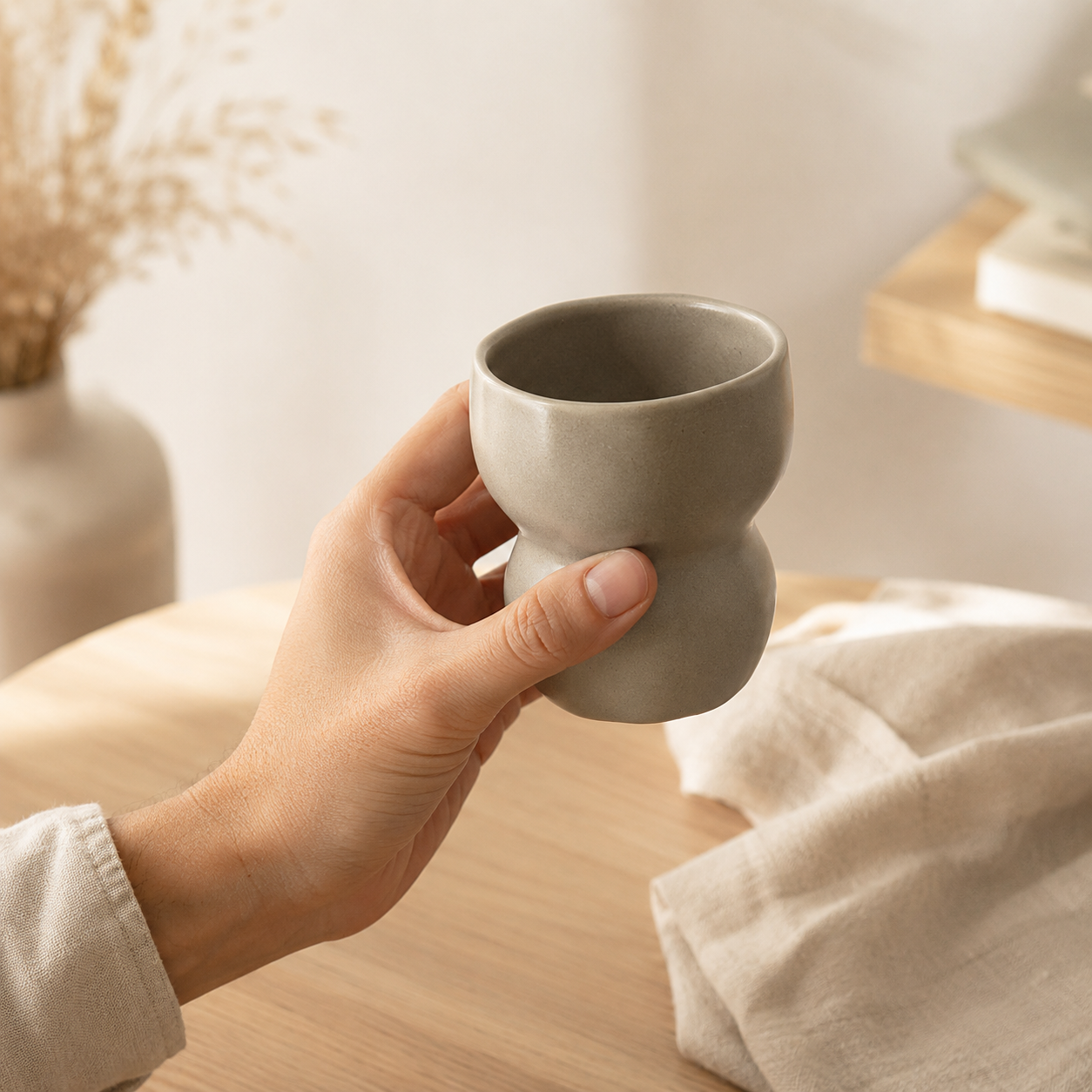 A hand holding a small matte ceramic cup with a rounded, double-bulb shape in a warm neutral tone, set against a softly blurred indoor background with a wooden table and beige textiles.