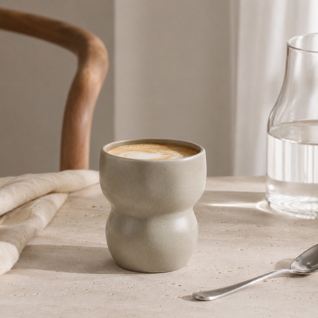 A matte ceramic coffee cup with a unique bulbous design, filled with a latte, set on a light stone table next to a glass carafe and spoon.