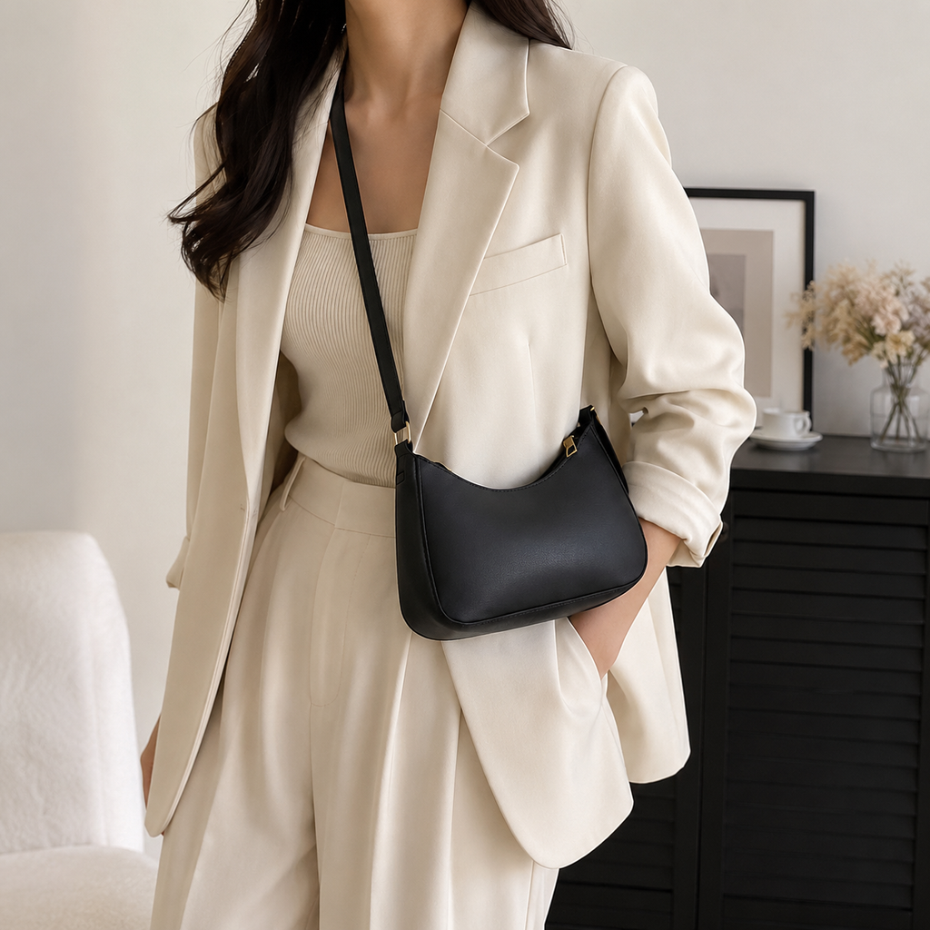 A woman wearing a cream-colored blazer and matching pants carries a small black crescent-shaped shoulder bag with a gold-tone clasp in a modern indoor setting.