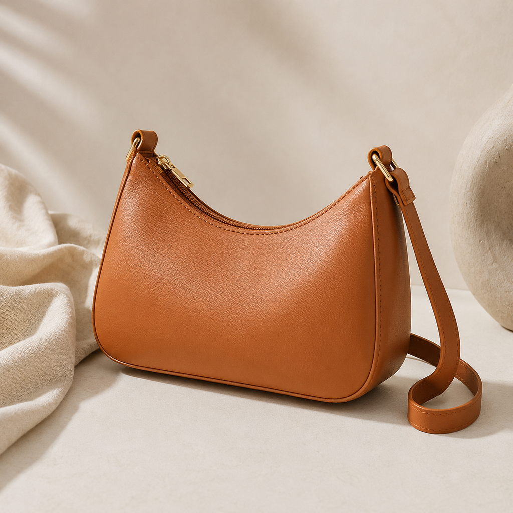 A warm tan leather crescent shoulder bag with a gold zipper and a matching adjustable shoulder strap, styled on a neutral beige surface with soft draped fabric and a textured ceramic object in the background.