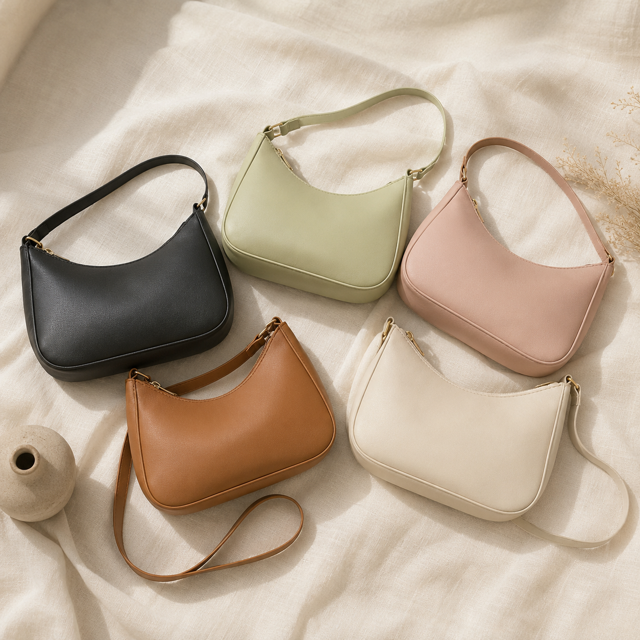 Four crescent-shaped shoulder handbags in black, sage green, blush pink, and cream, arranged on a textured beige fabric background with a small decorative vase.