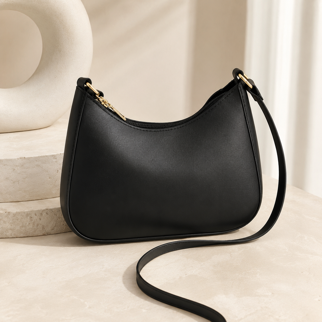 A black crescent-shaped shoulder bag with gold-tone hardware and a long strap, styled on a light beige surface next to a white sculptural object.