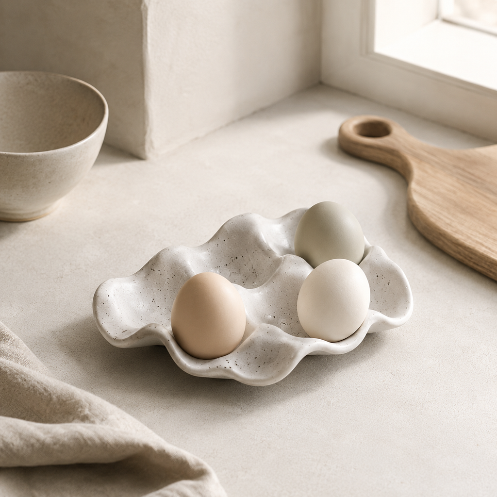 A ceramic egg-shaped dish holding three eggs, styled on a light stone surface with a wooden cutting board, a bowl, and a cloth nearby.