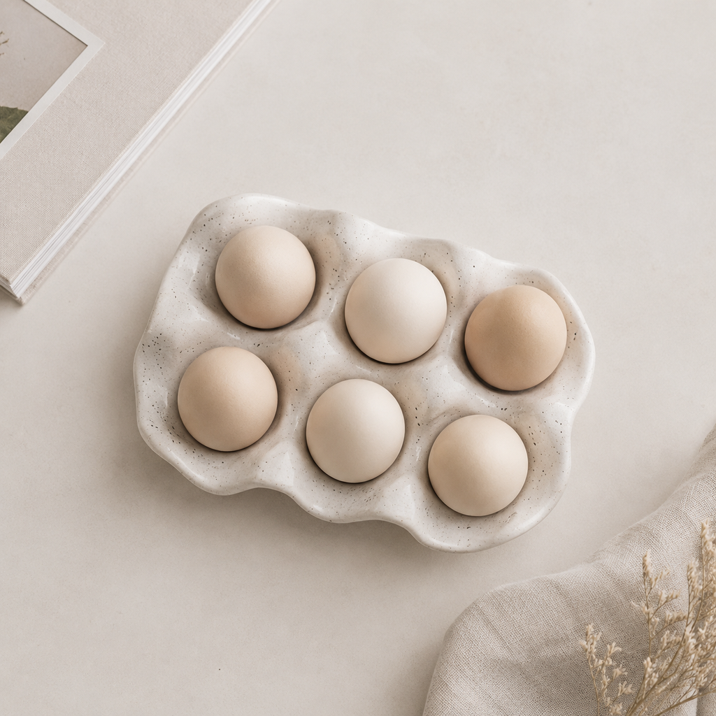 A ceramic egg-shaped tray holding six eggs, styled on a light beige surface with a book corner and dried flowers nearby.