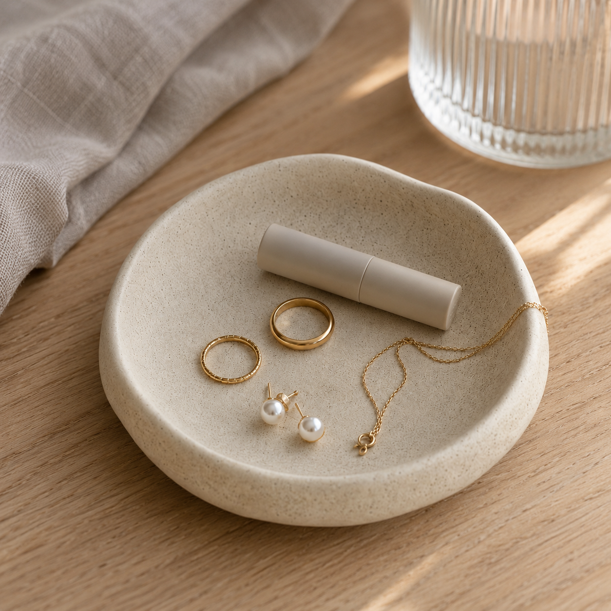 A round beige ceramic jewelry tray on a wooden table, styled with gold rings, pearl stud earrings, a delicate gold necklace, and a beige lip balm tube. A folded linen cloth and a ribbed glass are softly blurred in the background.