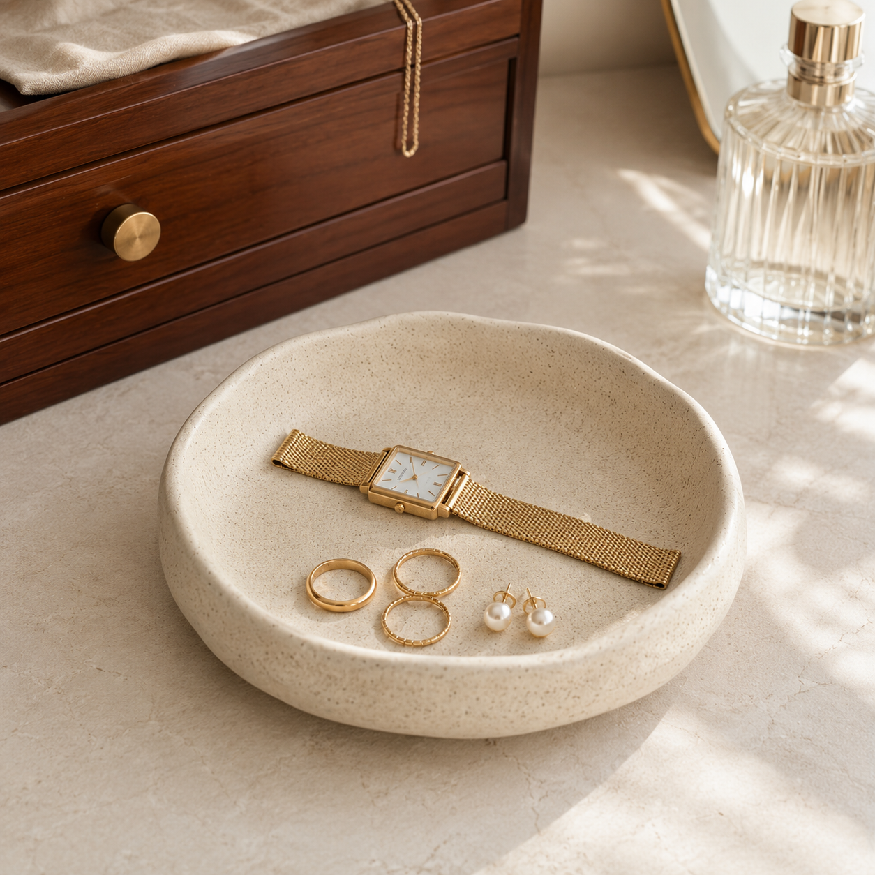 A round beige stone jewelry tray holding a gold-tone watch, two rings, and pearl stud earrings, styled on a light stone surface with a wooden drawer and glass bottle in the background.