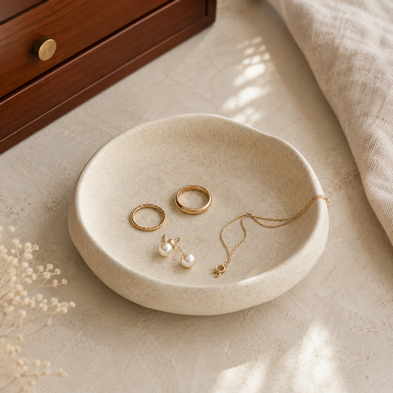 A round, shallow ceramic jewelry tray in a warm cream-beige speckled finish, styled with gold rings, pearl stud earrings, and a delicate gold necklace on a matching textured surface.