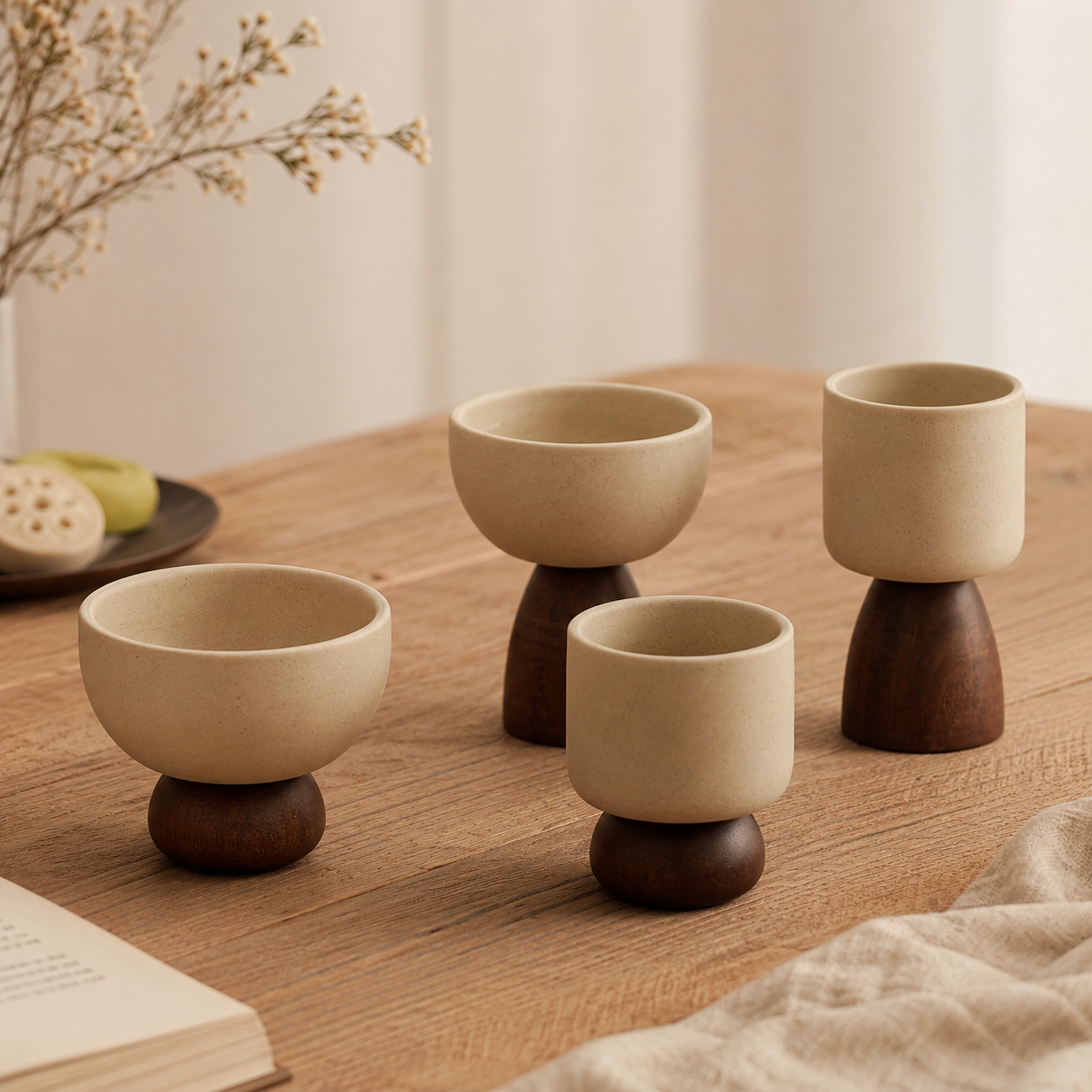 Four small ceramic cups with rounded beige bowls and dark brown wooden bases, arranged on a wooden tabletop with soft home decor props in the background.