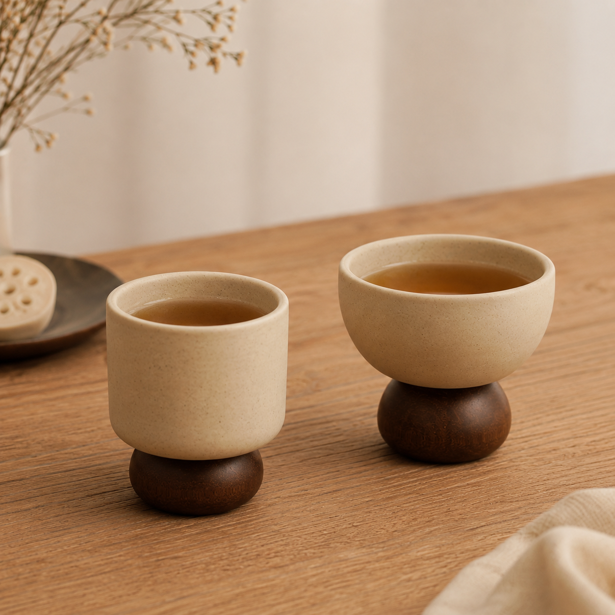 Two ceramic tea cups with dark wooden bases sit on a wooden table, one filled with tea and one empty, in a softly lit indoor setting.