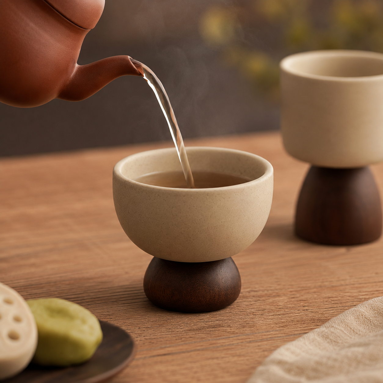 A beige ceramic tea cup with a dark brown wooden base sits on a wooden table while tea is being poured from a terracotta pot. A second matching cup and a small plate with green and white sweets are softly blurred in the background.