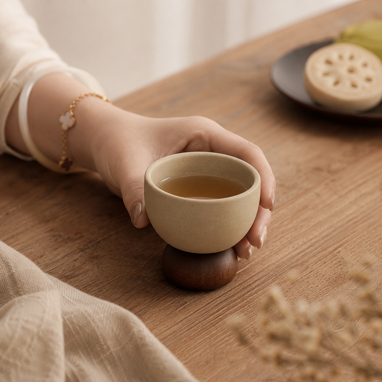 A hand holding a small beige ceramic tea cup with a dark wooden base on a wooden table, with a bracelet visible on the wrist.