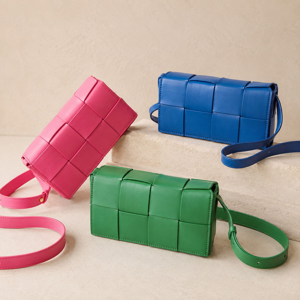 Three woven leather crossbody bags in pink, blue, and green, arranged on a light beige surface with a matching beige background.