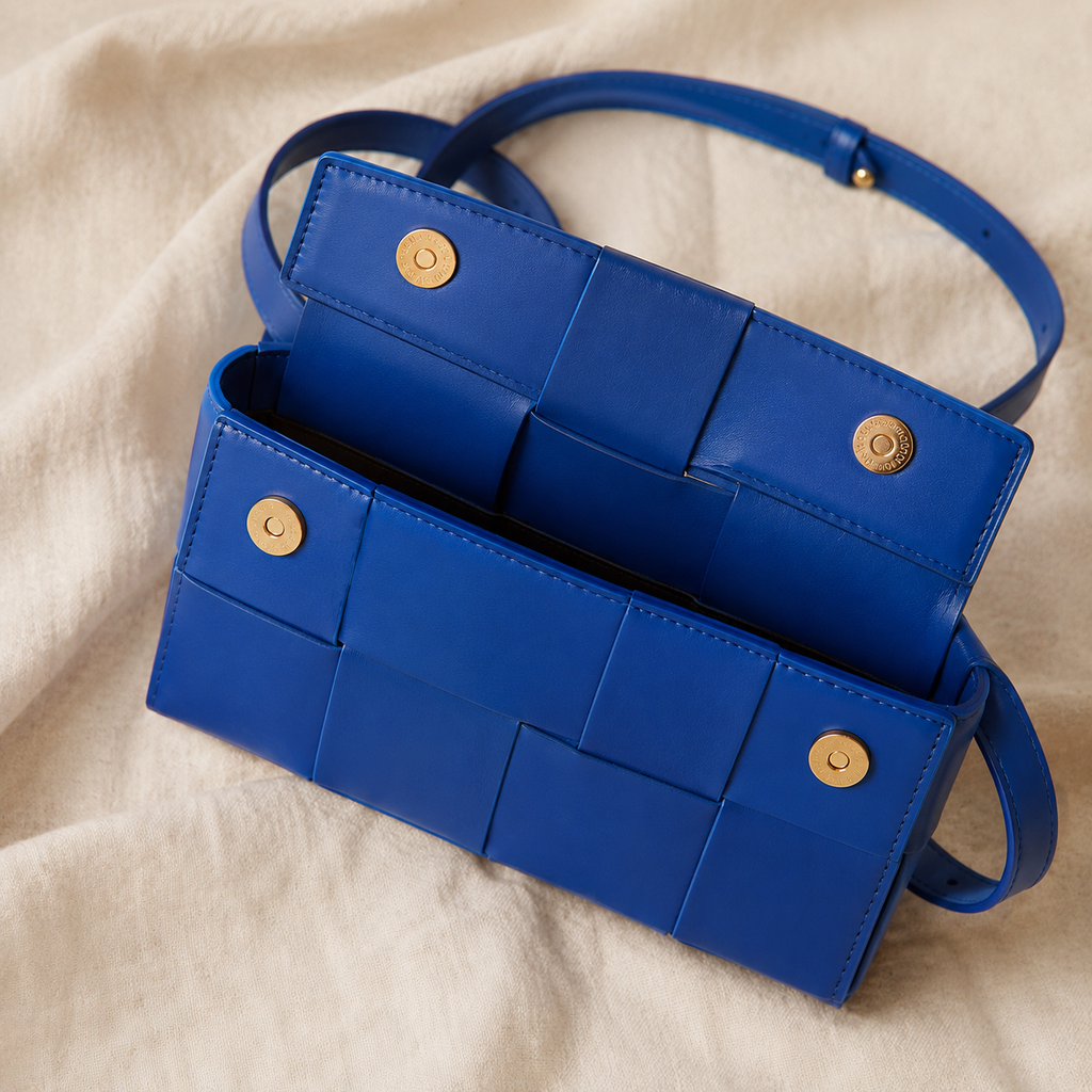 A vibrant royal blue leather shoulder bag with a woven grid pattern and gold-tone snap buttons, displayed on a soft beige fabric background.
