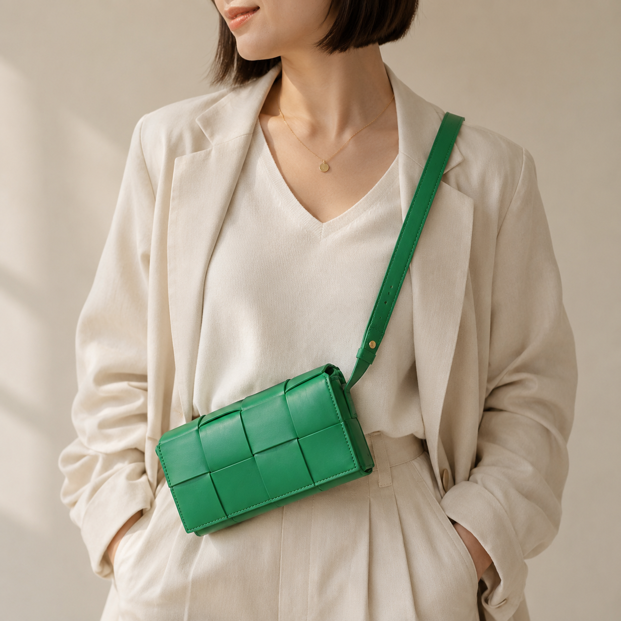 A woman wearing a cream-colored blazer and matching top, carrying a bright green woven leather crossbody bag with a matching strap.