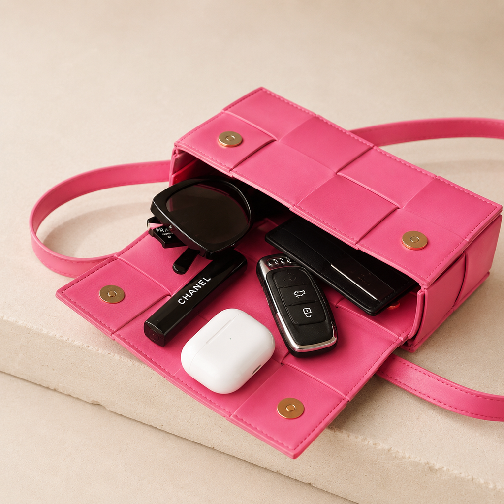 A bright pink woven-texture handbag shown open on a light beige surface, with sunglasses, a black lip product, a car key fob, and a white earbud case placed inside.