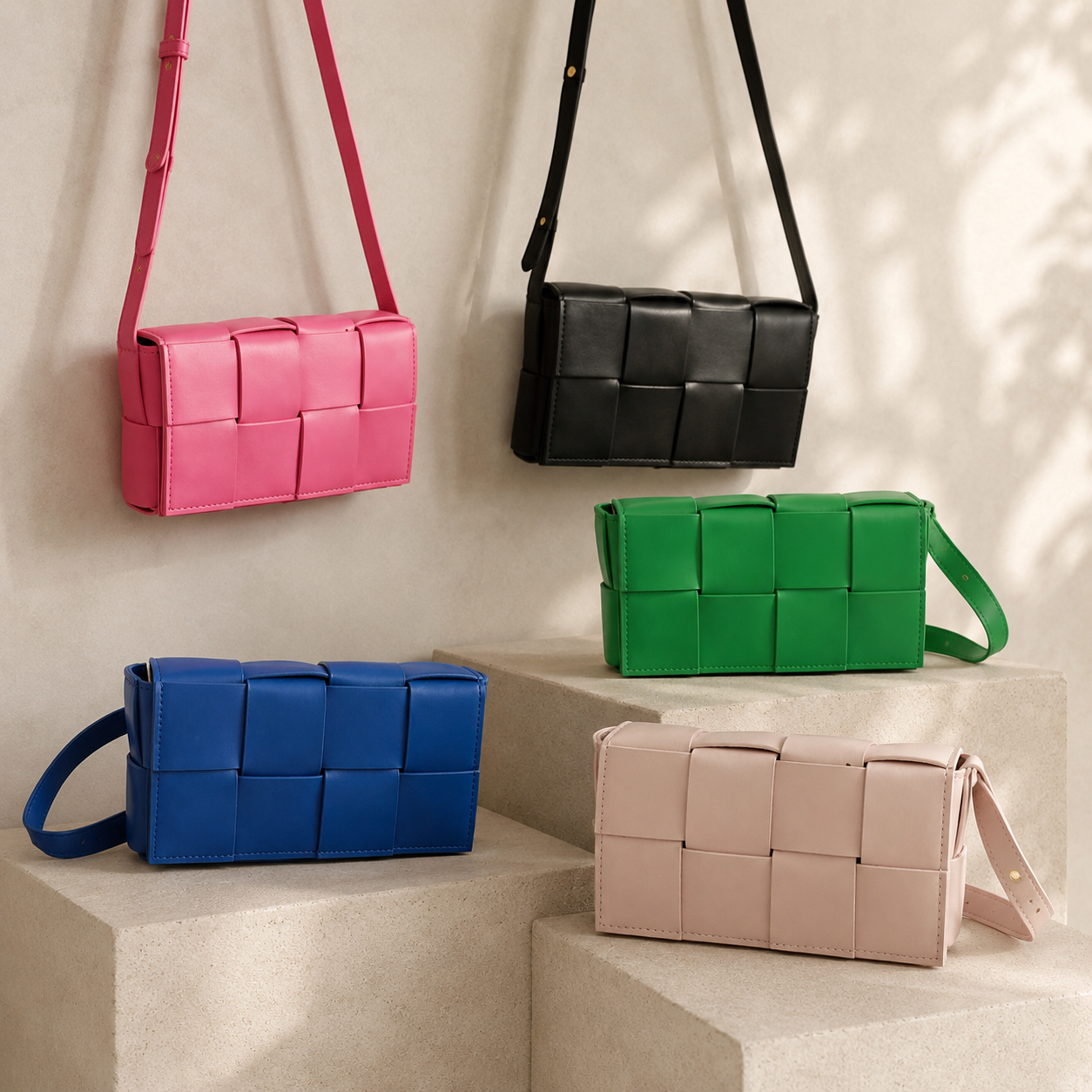 Four woven leather shoulder bags in pink, black, green, and blue, arranged on light stone blocks against a warm beige wall with soft leaf shadows.