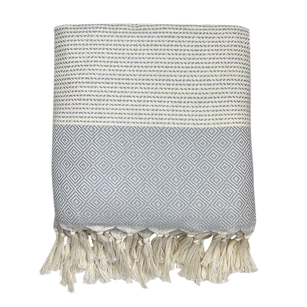 Textured blanket with geometric pattern and tassels on a white background