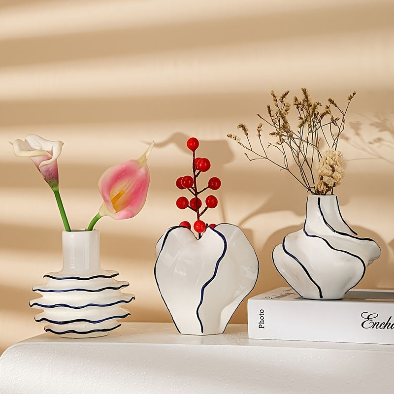 A Nordic Striped Creative Ceramic Vase Suitable for Hydroponic Flowers Decorative Dried Flower Imitation Vases Home Ornaments And Holiday Gifts