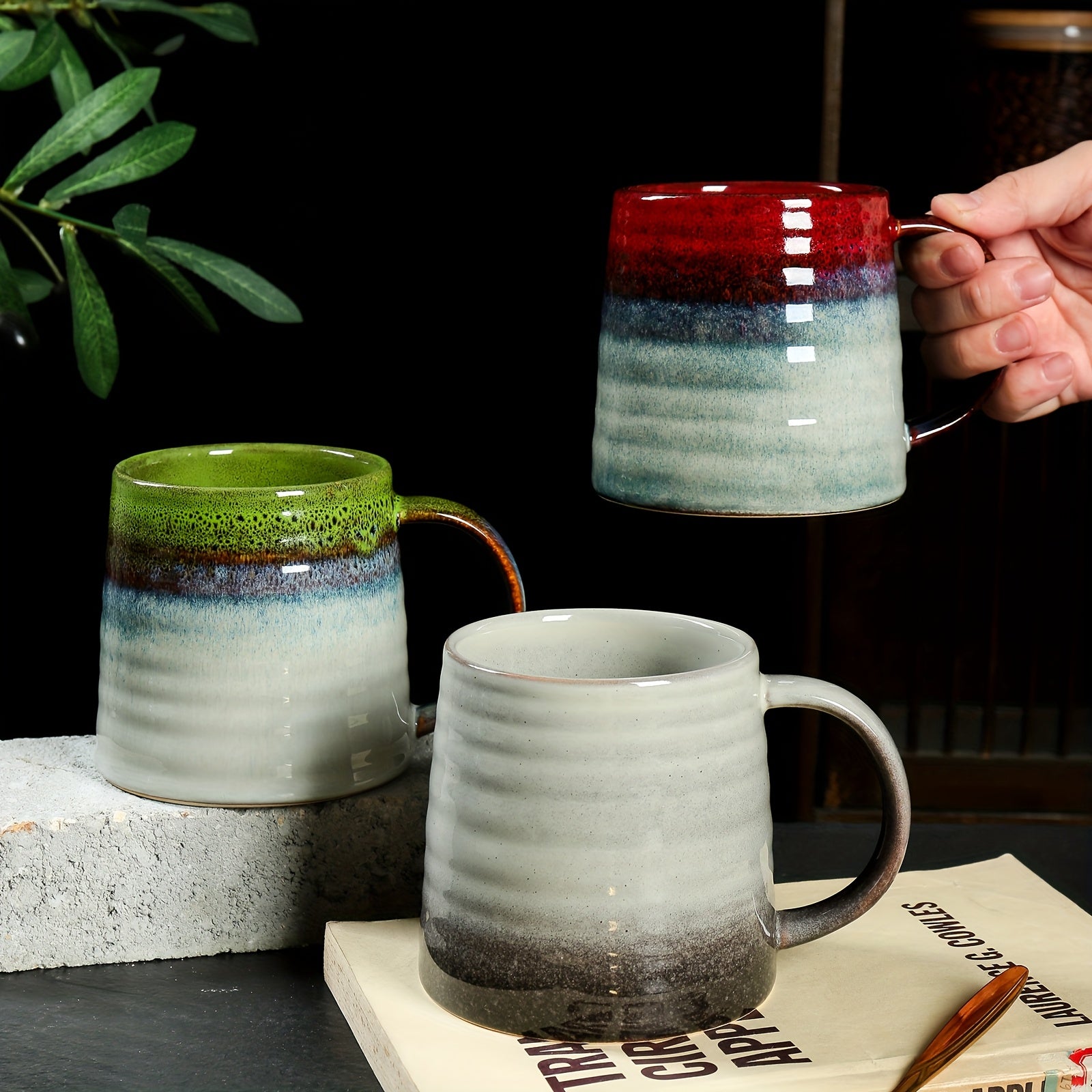 Colorful Glaze Large Capacity Ceramic Mug 15Oz Coffee Cup Milk Cup MultiUse Cup Suitable for Cold And Hot Drinks Machine Washable Oven Safe Ideal for Tableware Or Cafe Procurement