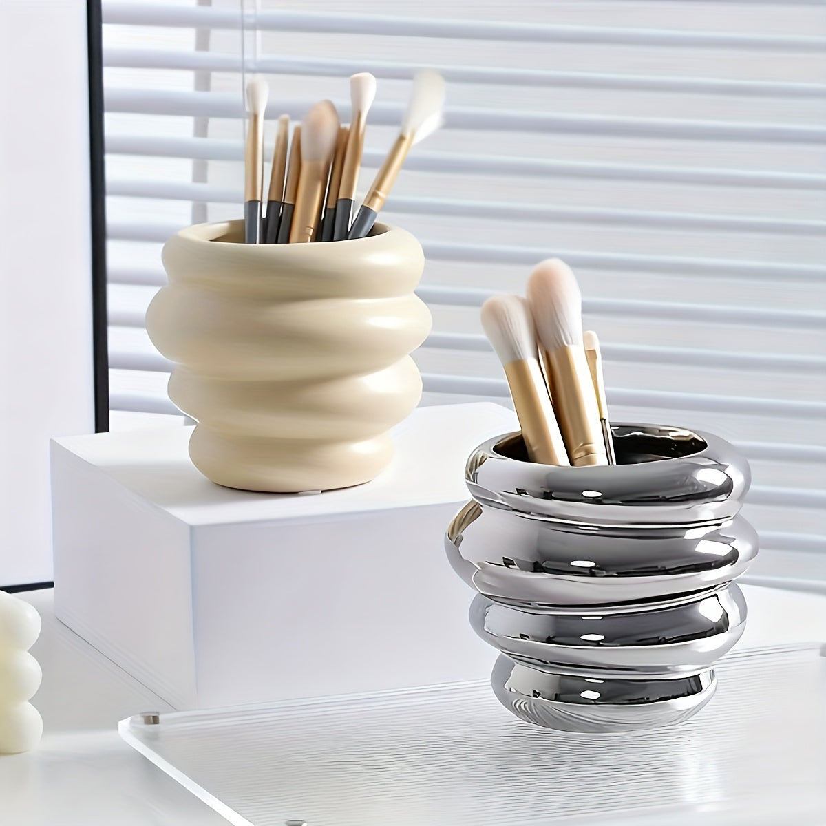 1pc Unique Creative Stacked Ceramic Brush And Pen Holder  Nordic Ceramic Planter Light Luxury HighEnd Desktop Ornament Cute Creamy Style Photo Prop Decoration